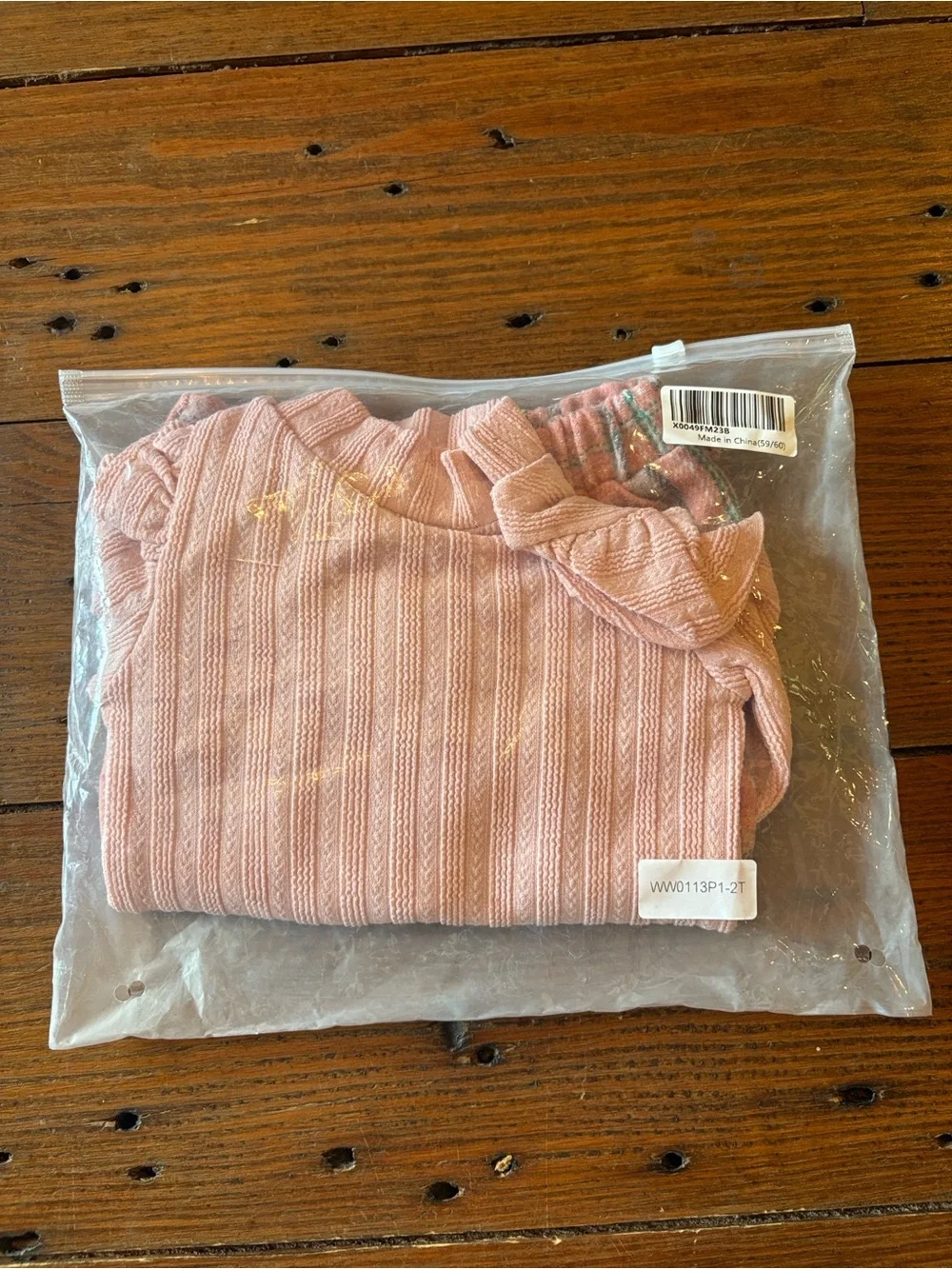 Girls Pink Ribbed Top & Plaid Button Skirt Set